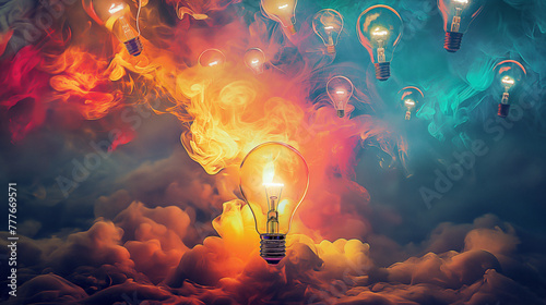 Bright Idea: Light bulb shining against a bulb background photo