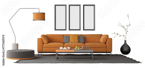 Contemporary living room design with an orange couch, elegant decor, and neutral color palette for a cozy atmosphere, on transparent background -3d rendering