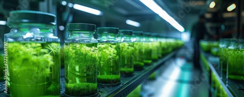 Medium shot of a laboratory cultivating greenish microalgae for nutritional supplements, with rows of bioreactors glowing under artificial light photo