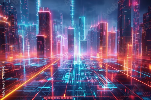 Wallpaper Mural Medium shot of a futuristic neon cityscape, with buildings represented by grid lines and blockchain data flowing between them Torontodigital.ca