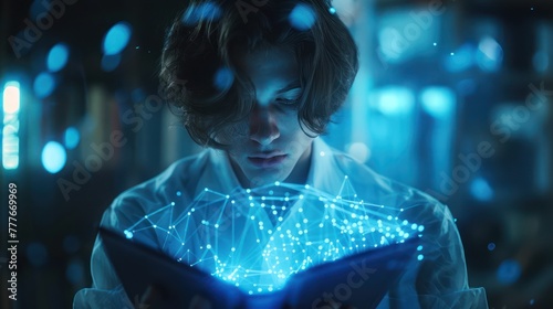 Medium shot of a digital forensics analyst uncovering hidden data within a blue digital folder, surrounded by wireframe reconstructions photo