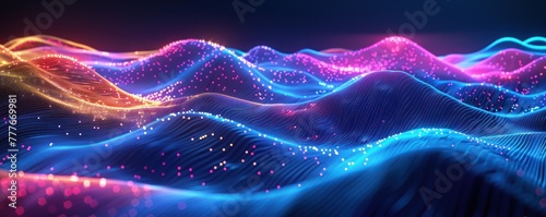 Medium shot of a digital landscape illuminated by a neon blockchain pattern, with curves adding depth and motion
