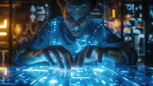 Medium shot of a digital forensics analyst uncovering hidden data within a blue digital folder, surrounded by wireframe reconstructions photo