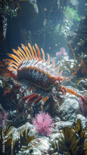 Medium shot of a digital 3D rendering of Anomalocaris, showcasing its predatory behavior as it approaches trilobites hidden among Cambrian sea plants, with a focus on dynamic movement photo