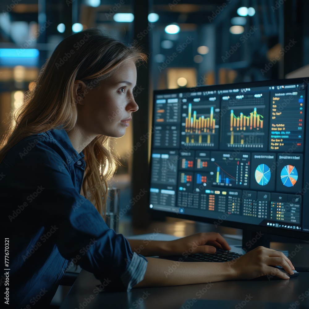 Medium shot of a business analyst using predictive analytics software on a computer for efficiency insights Medium shot of a business analyst using predictive analytics software on a computer for efficiency insights