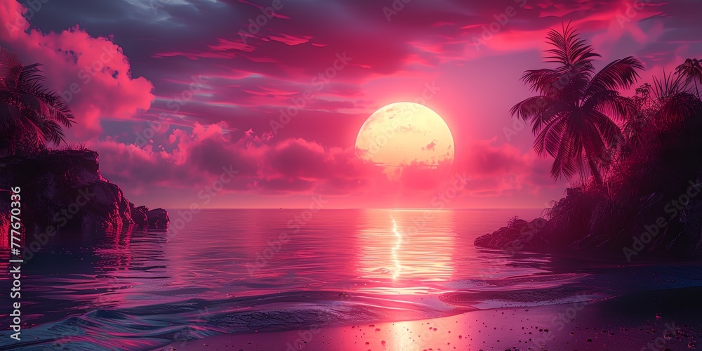 A beautiful sunset over the ocean with a large red and yellow sun. The sky is filled with pink and purple clouds. The water is calm and the beach is empty. The scene is peaceful and serene