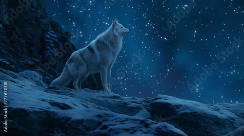 white fox in the abyss of a mountain surrounded by stars with northern light the atmosphere is warm,