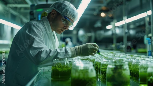 Medium shot of a biotechnologist using a pipette to culture greenish microalgae in flasks, against a backdrop of bioreactors photo