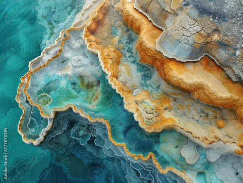 Close-up of vibrant minerals deposited around a hydrothermal spring, showcasing brilliant colors and textures