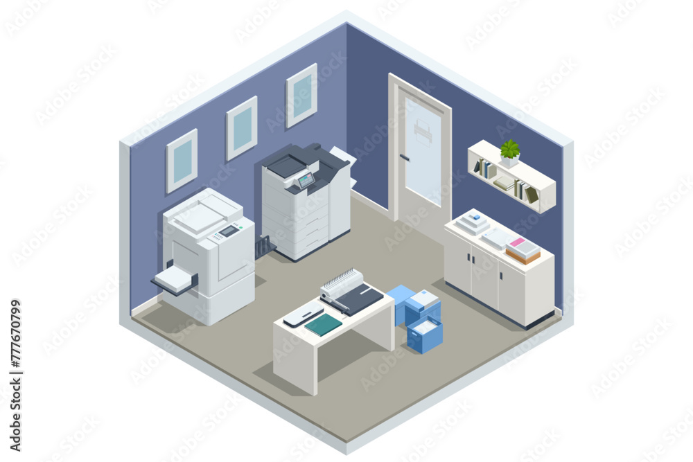 Isometric Printing services, Printing house industry. Print, copy, scan, fax. For office documents, presentations and marketing. Office copier center