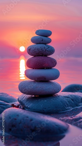 Tranquil Stacked Stones Sunset Reflection Generative AI