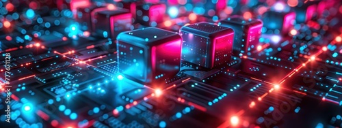 Close-up of a series of neon blocks linked together on a glowing grid, representing blockchain data chains © BoOm