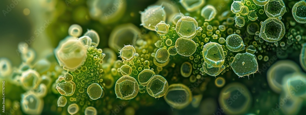 Close-up of a microscopic slide of moss spores, revealing greenish textures and structures unique to the organism