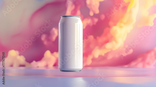 White empty soda floating can on the colourful abstract background