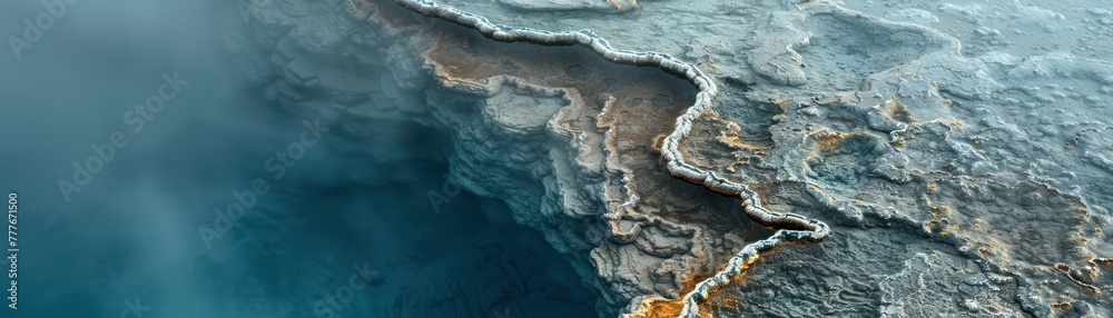 Close-up of a hydrothermal spring's edge, where the hot water meets the cool ground, highlighting the temperature gradient