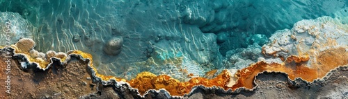 Close-up of a hydrothermal spring's edge, where the hot water meets the cool ground, highlighting the temperature gradient photo