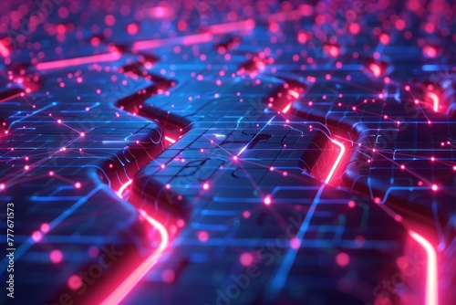 Close-up of a holographic blockchain concept, with neon data blocks connected by curving lines on a 3D grid photo