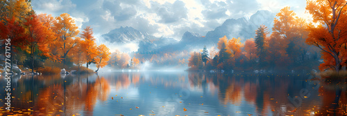 Beautiful panorama of the autumn, Golden autumn in the forest by the lake 