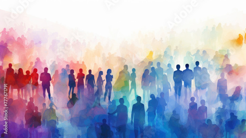 Illustration of crowd of a group of diverse people as silhouettes in rainbow colors, isolated on white background, watercolor ink splash.