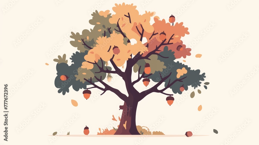 Minimalist Illustration of an Oak Tree with Acorns Generative AI