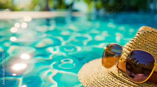 Sunglasses and a straw hat placed meticulously on the poolside.