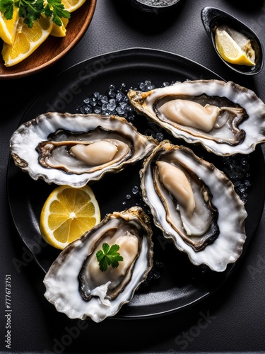 Oysters in lemon sauce with a slice of lemon
