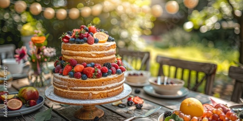 Table Set With Cake and Fresh Fruit