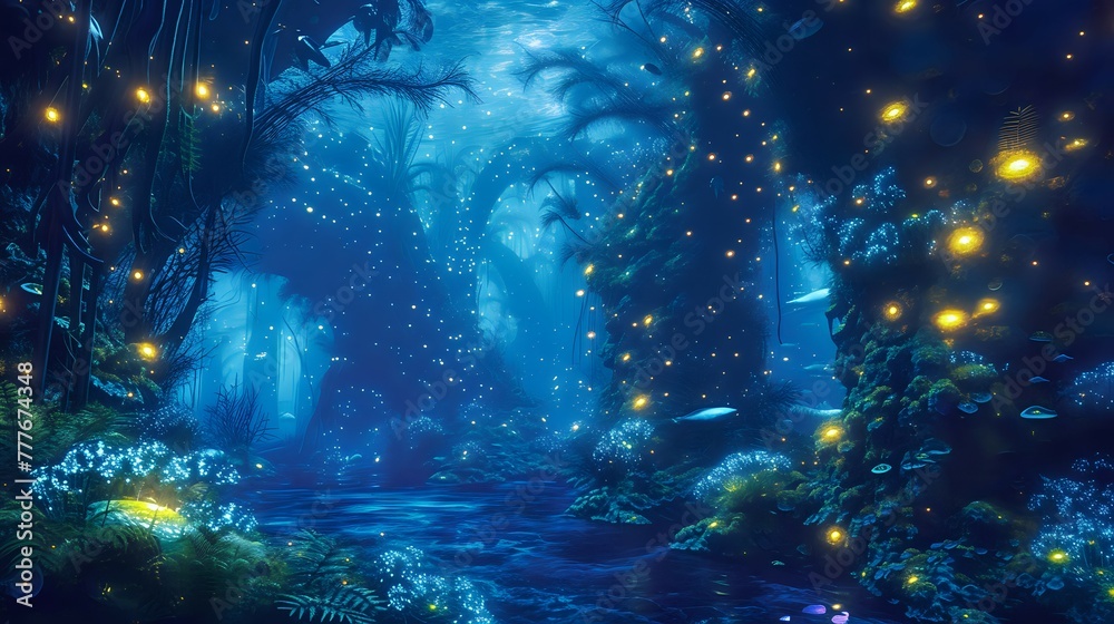 Fototapeta premium Ethereal Depths: Glowing Undersea Garden./n