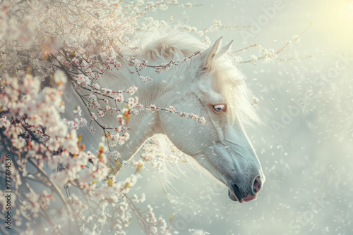 White horse on a white background among flowering branches of cherry trees
