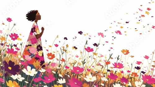 Empowered Mixed-Race Woman Surrounded by Cosmos Flowers Generative AI