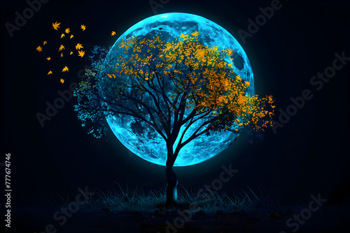 Blue neon tree with glowing leaves under harvest moon isotated on black background.