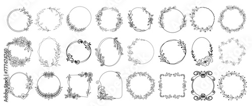 Hand drawn floral frames with flowers, branch and leaves. Vector illustration set