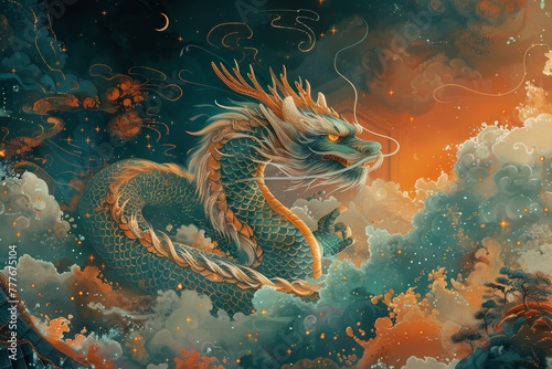 Chinese dragon illustration in sky with soft celestial clouds