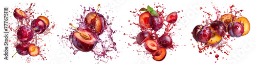 Set of plums exploding and bursting into pieces with juice splatters in different directions, isolated on a white or transparent background. Fruit explosion, plums juice splashes, side view