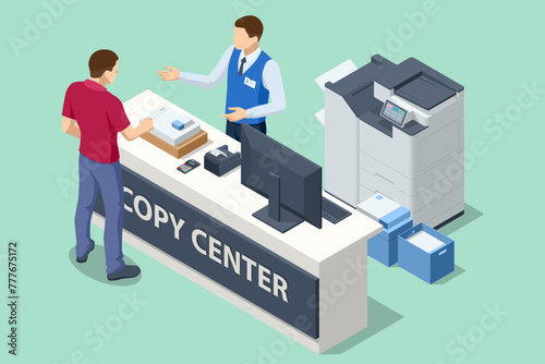 Isometric Printing services, Printing house industry. Print, copy, scan, fax. For office documents, presentations and marketing. Office copier center.