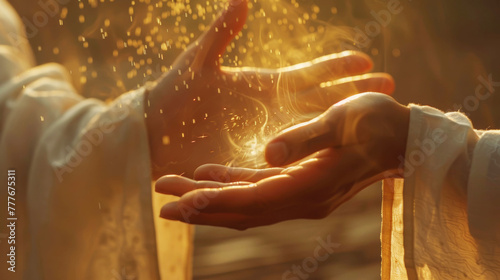 Person with sunlight casting on hands creating a sparkling effect, implying energy and vitality photo