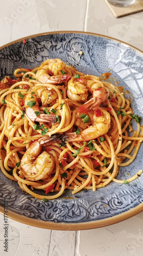 Pasta with shrimps, tomatoes and basil on a plate