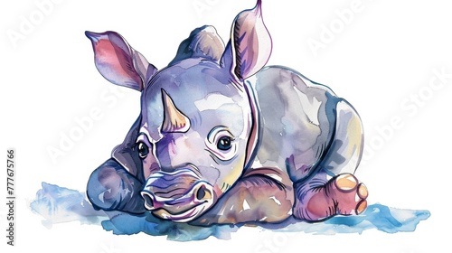 Adorable Watercolor Painted Baby Rhinoceros Generative AI photo