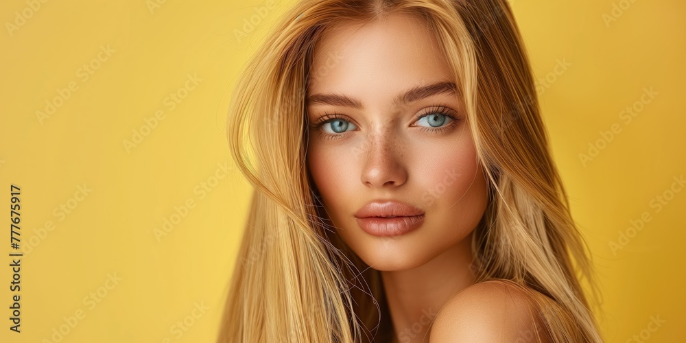 Sunkissed Blonde Model with Striking Blue Eyes on Yellow Sunkissed Blonde Model with Striking Blue Eyes on Yellow