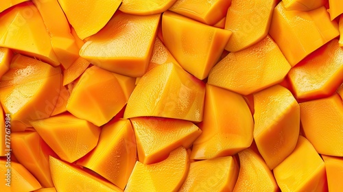 sliced mangoes in a detailed top-view pattern, showcasing their natural beauty and inviting viewers to indulge in their sweet, tropical flavor.