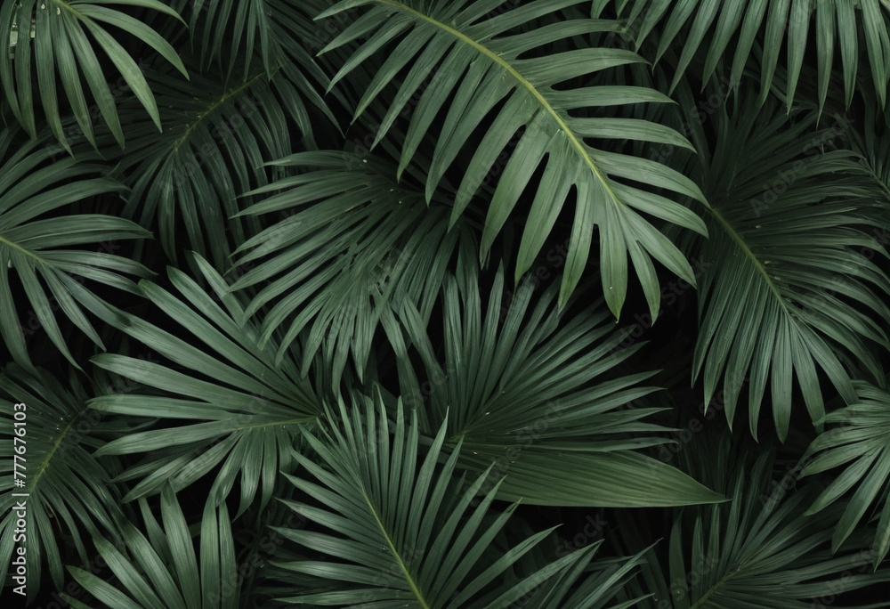 A background of dark green palm leaves 