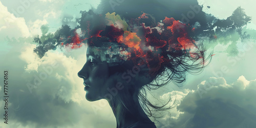 Conceptual image of superimposing a female face with the sky