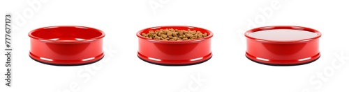 Red Pet bowl set. Empty bowl. Bowl with food portion. Bowl with water. Dog meal and drink. Cat meal and drink. Isolated transparent PNG background. 3D dog bowl. or cat bowl. 