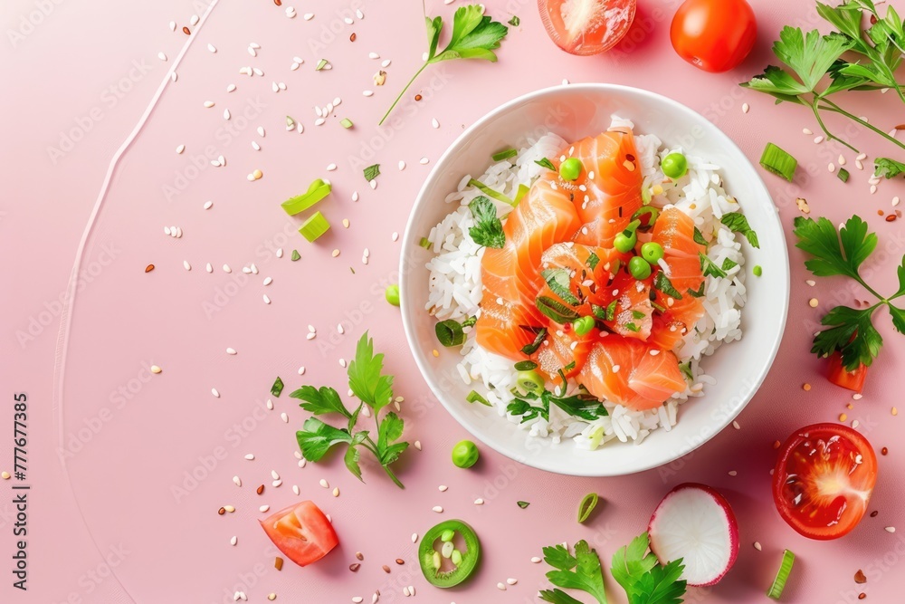 Hawaiian poke, fish, rice, vegetables, tropical leaves, flowers, space for text Hawaiian poke, fish, rice, vegetables, tropical leaves, flowers, space for text