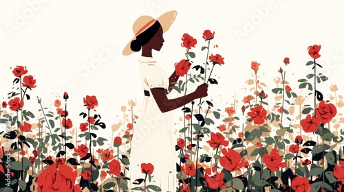 Serene Illustration of a Black Woman Gardening Roses Generative AI
