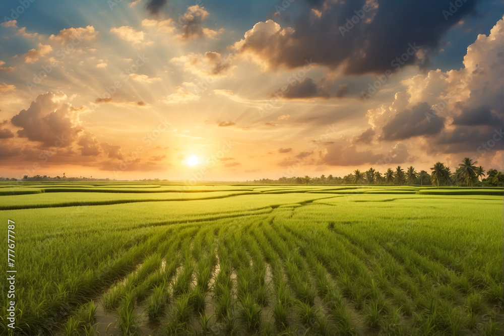 Paisagem de uma plantação de arroz ao entardecer, sob um céu adornado por nuvens intensas