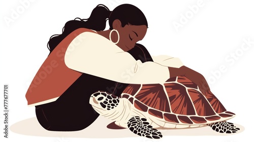 Black Woman Embracing Her Pet Turtle in Minimal Aesthetic Illustration Generative AI photo