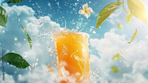 Orange juice poured out of the cup with leaf and clouds