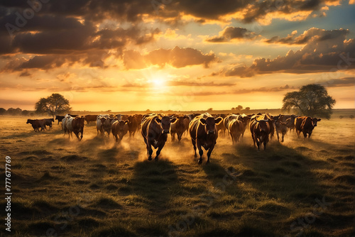 Rebanho de gado bovino correndo livremente no campo ao ao pôr do sol  photo