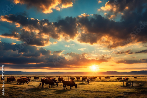 Rebanho de gado bovino pastando livremente no campo ao ao pôr do sol  photo